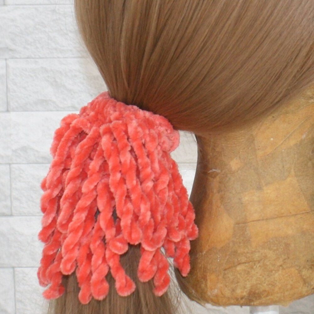 HAND CRAFTED Hair Scrunchie Crochet Chenille Velvet Oversized Fringe Orange
